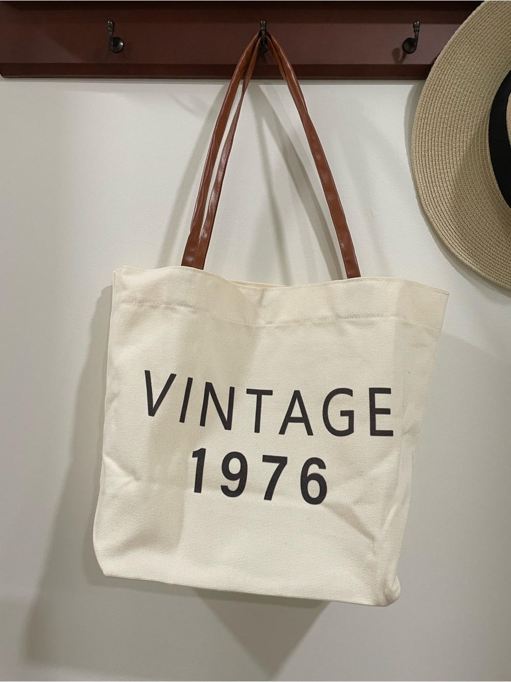 Vintage 1976 Canvas Tote Bag with Brown Faux Leather Handles
